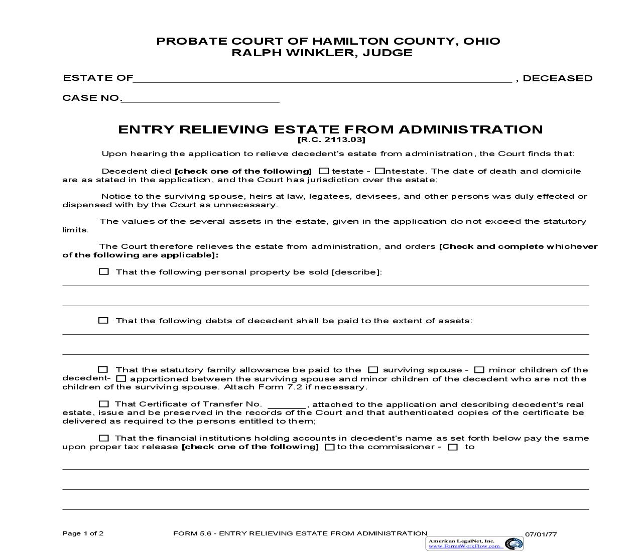 Entry Relieving Estate From Administration {5.6} | Pdf Fpdf Doc Docx | Ohio