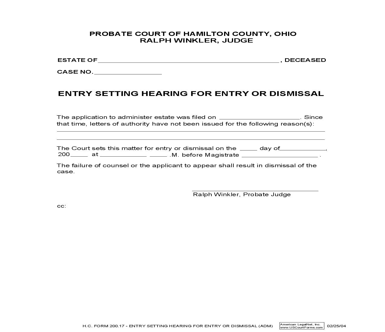 Entry Setting Hearing For Entry Or Dismissal {200.17} | Pdf Fpdf Doc Docx | Ohio