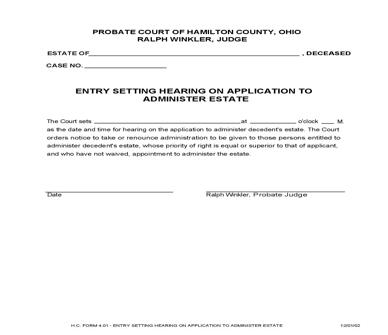 Entry Setting Hearing On Application To Administer Estate {4.01} | Pdf Fpdf Doc Docx | Ohio