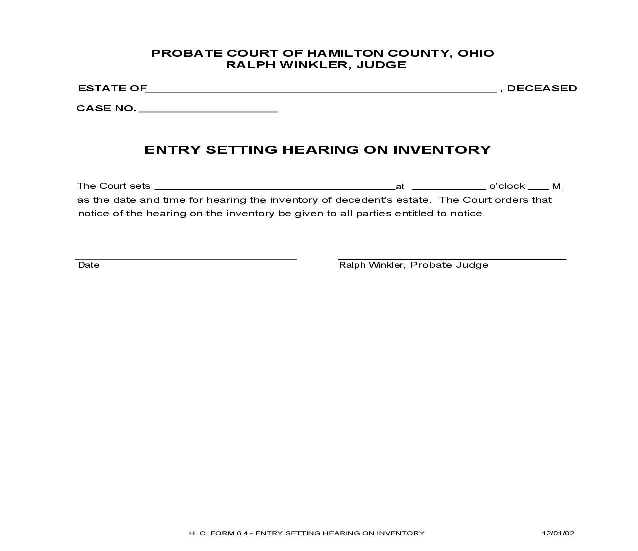 Entry Setting Hearing On Inventory {6.4} | Pdf Fpdf Doc Docx | Ohio