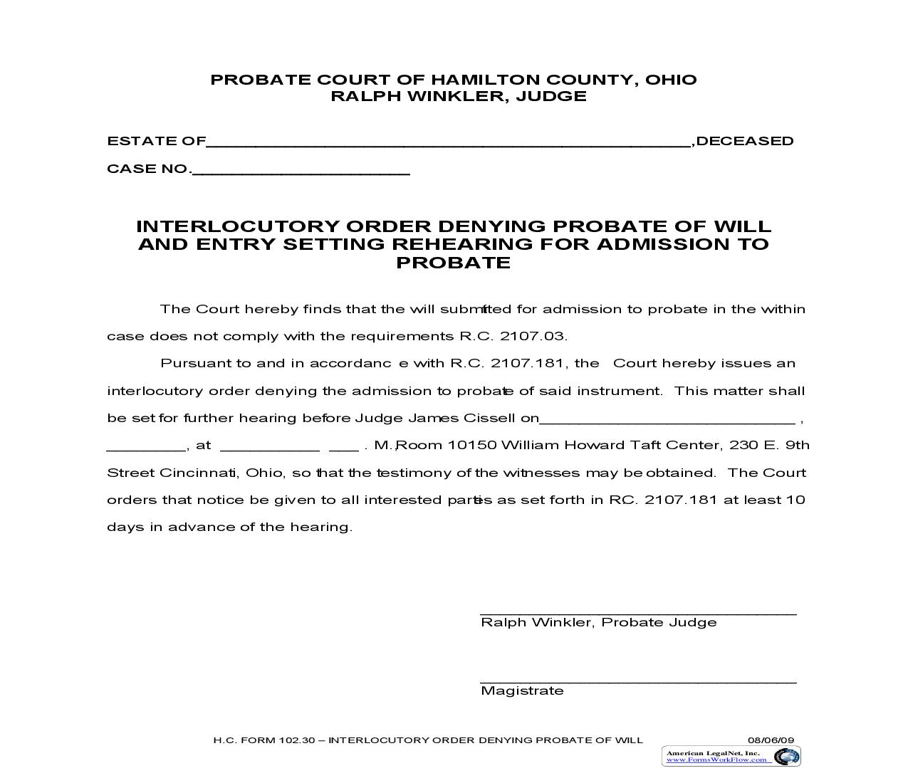 Interlocutory Order Denying Probate Of Will And Entry Setting Rehearing {102.30} | Pdf Fpdf Doc Docx | Ohio