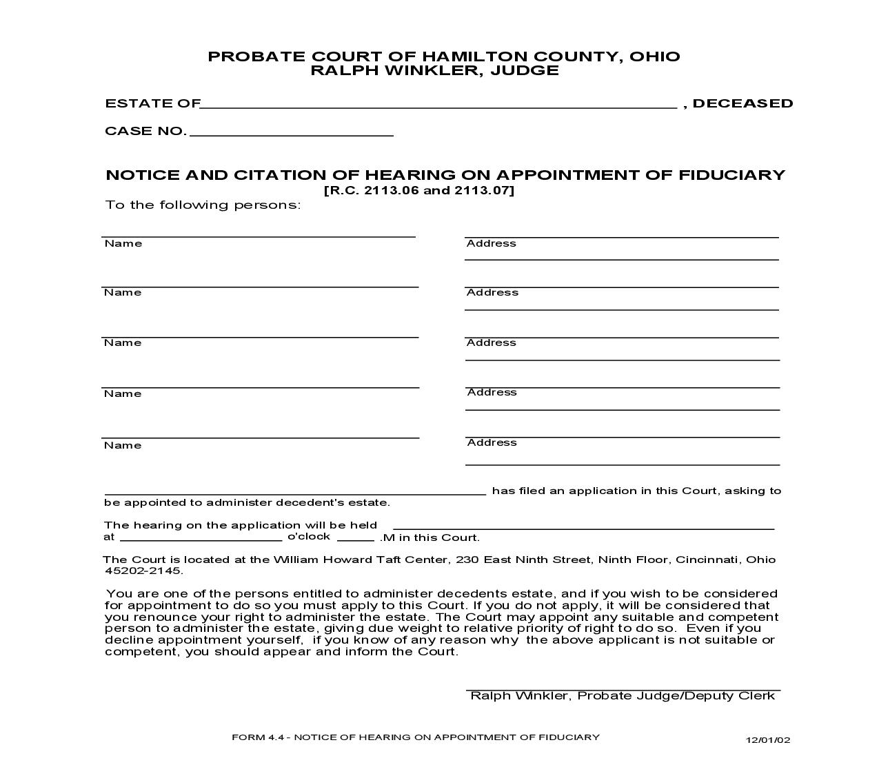 Notice And Citation Of Hearing On Appointment Of Fiduciary {4.4} | Pdf Fpdf Doc Docx | Ohio