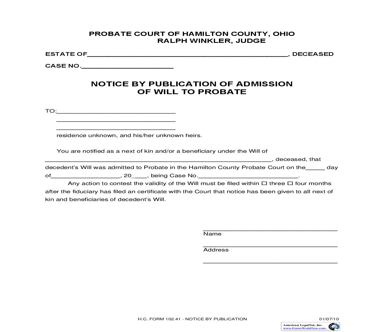 Notice By Publication Of Admission Of Will To Probate {102.41} | Pdf Fpdf Doc Docx | Ohio