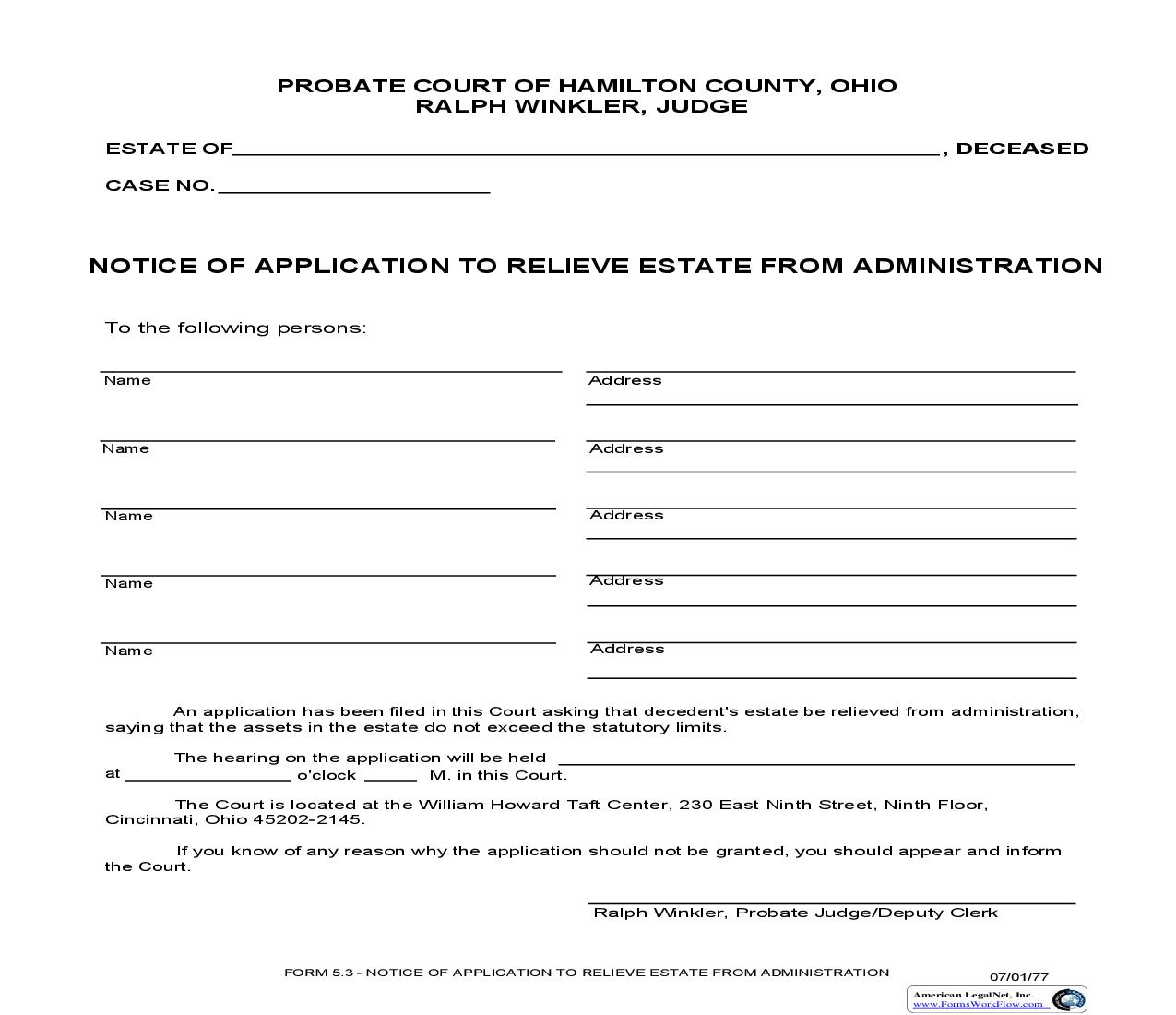 Notice Of Application To Relieve Estate From Administration {5.3} | Pdf Fpdf Doc Docx | Ohio