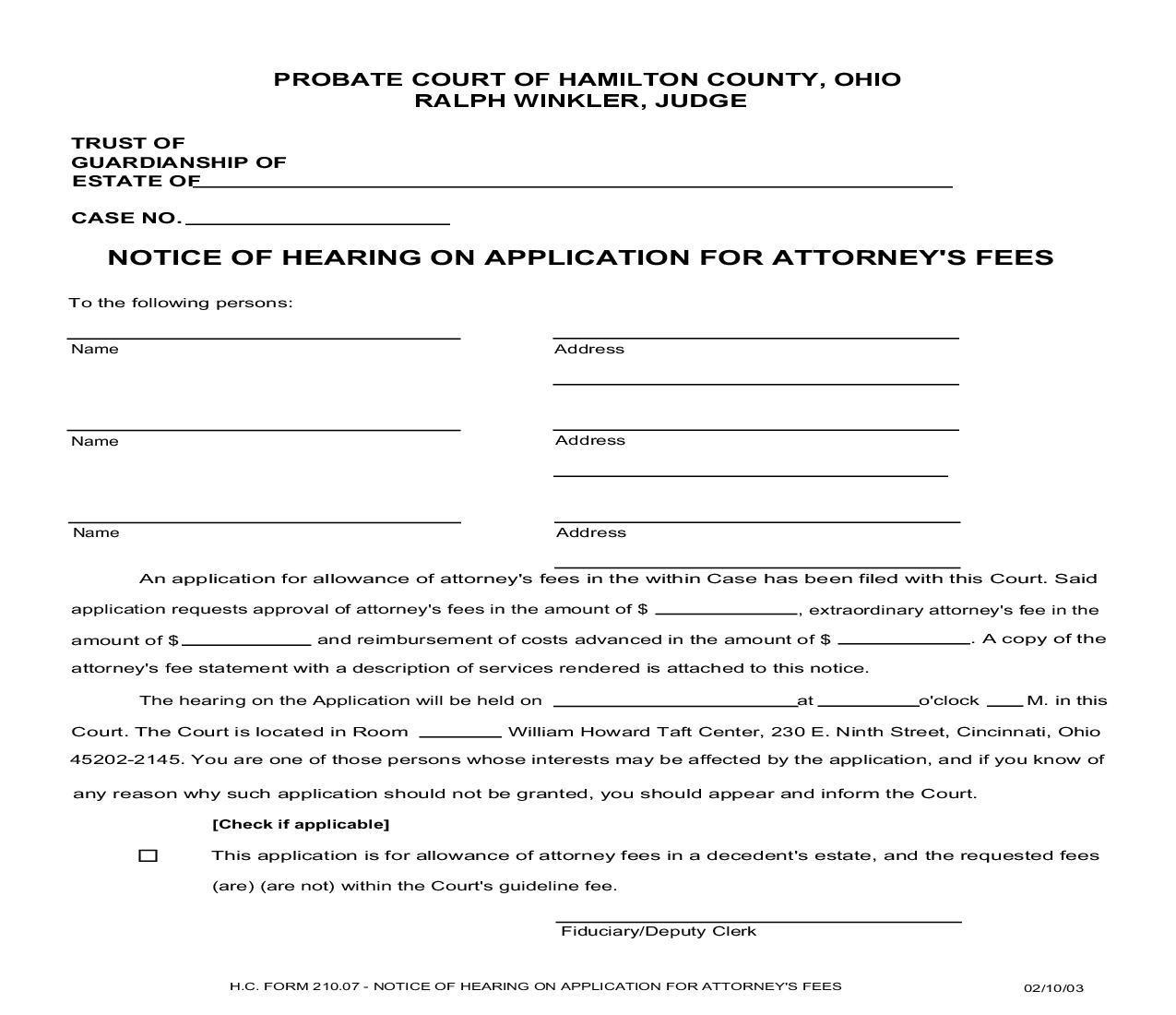 Notice Of Hearing On Application For Attorneys Fees {210.07} | Pdf Fpdf Doc Docx | Ohio