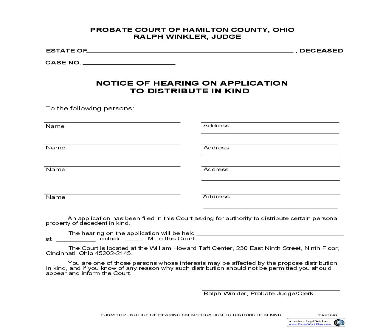 Notice Of Hearing On Application To Distribute In Kind {10.2} | Pdf Fpdf Doc Docx | Ohio