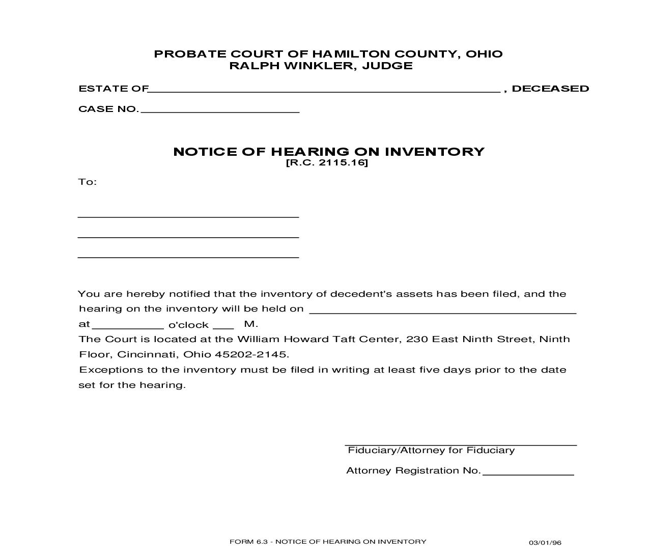 Notice Of Hearing On Inventory {6.3} | Pdf Fpdf Doc Docx | Ohio