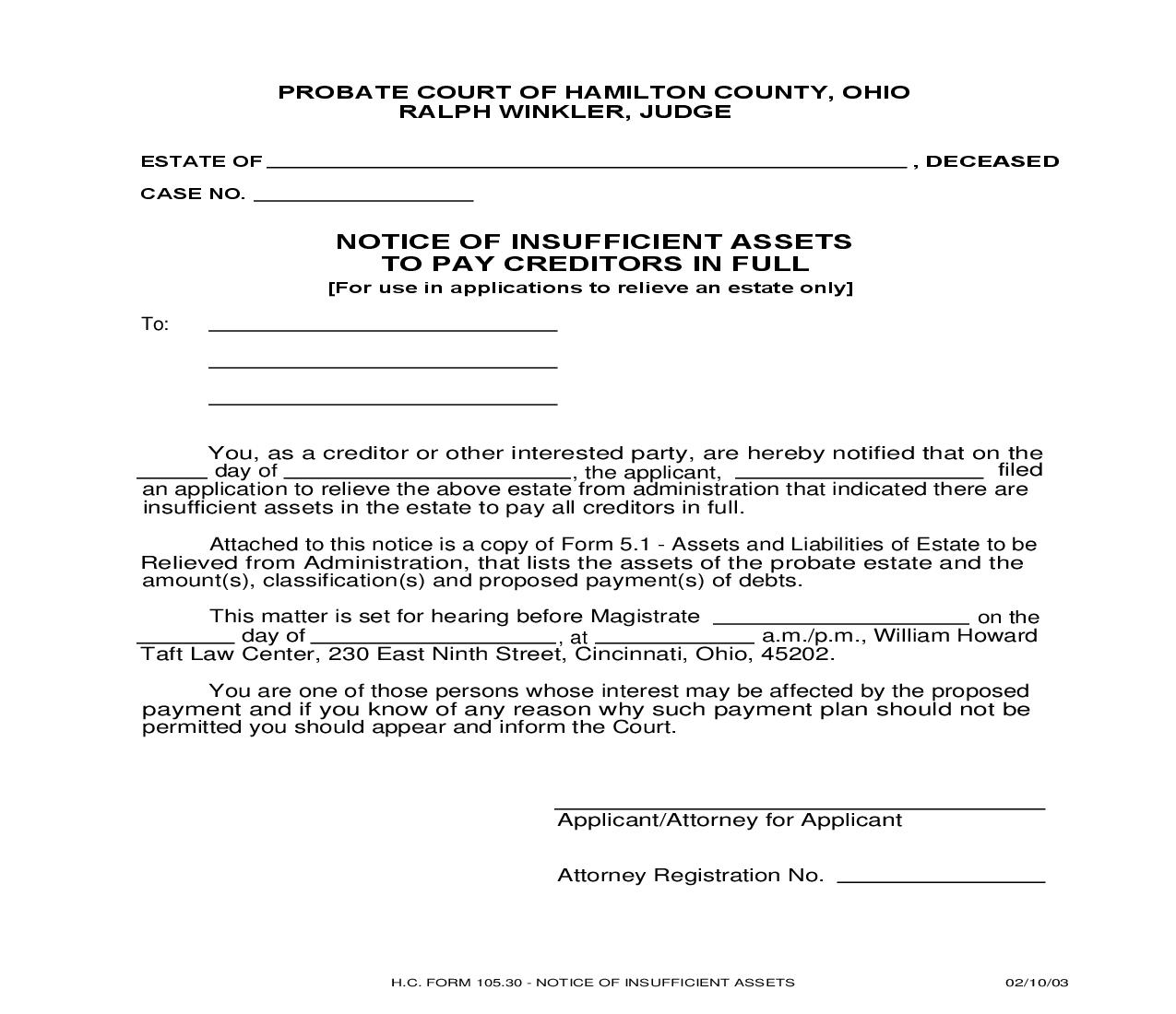Notice Of Insufficient Assets To Pay Creditors In Full {105.30} | Pdf Fpdf Doc Docx | Ohio