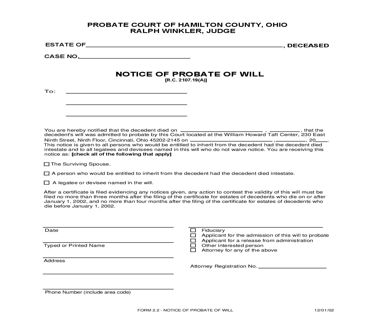 Notice Of Probate Of Will {2.2} | Pdf Fpdf Doc Docx | Ohio