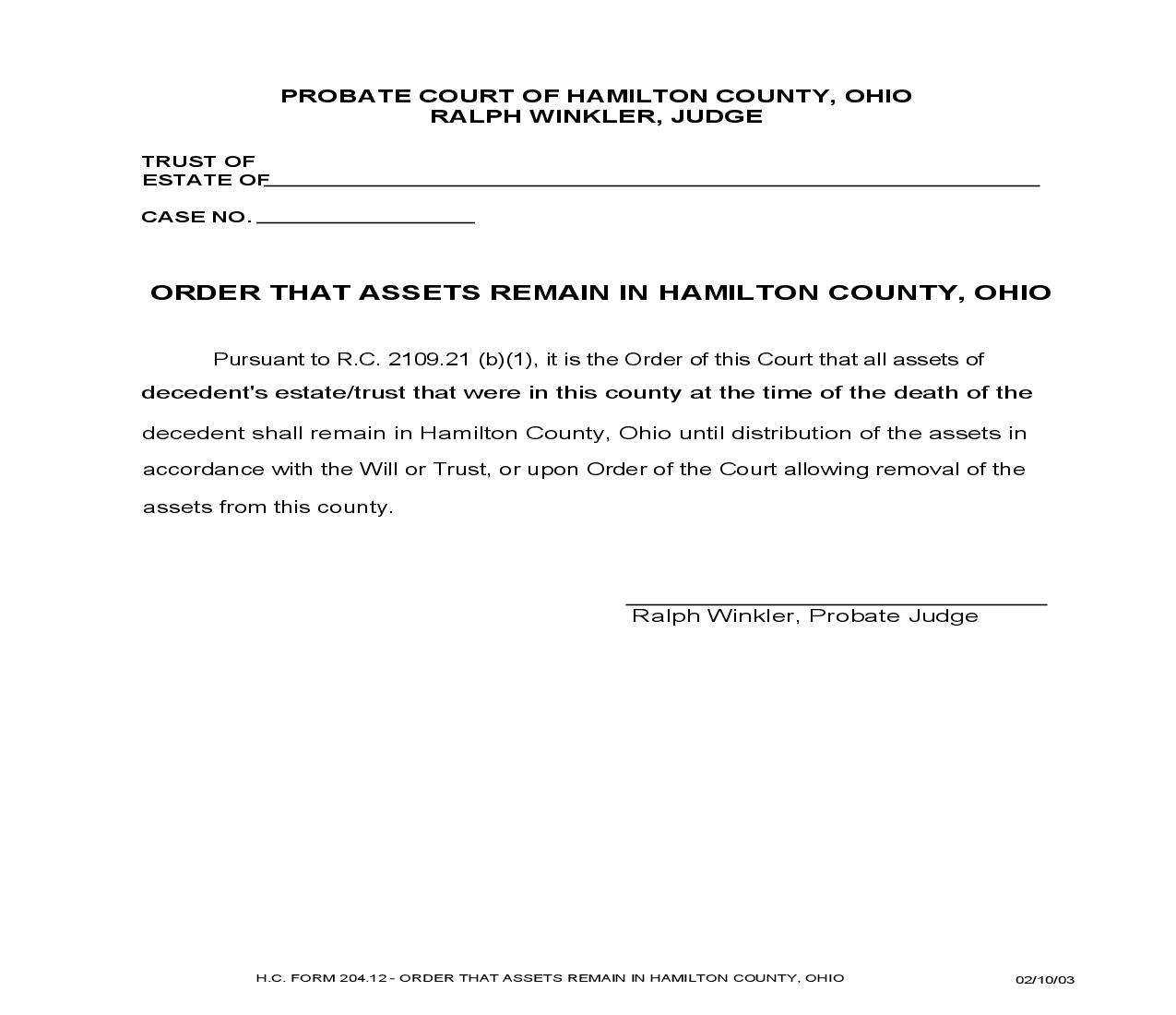 Order That Assets Remain In Hamilton County {204.12} | Pdf Fpdf Doc Docx | Ohio