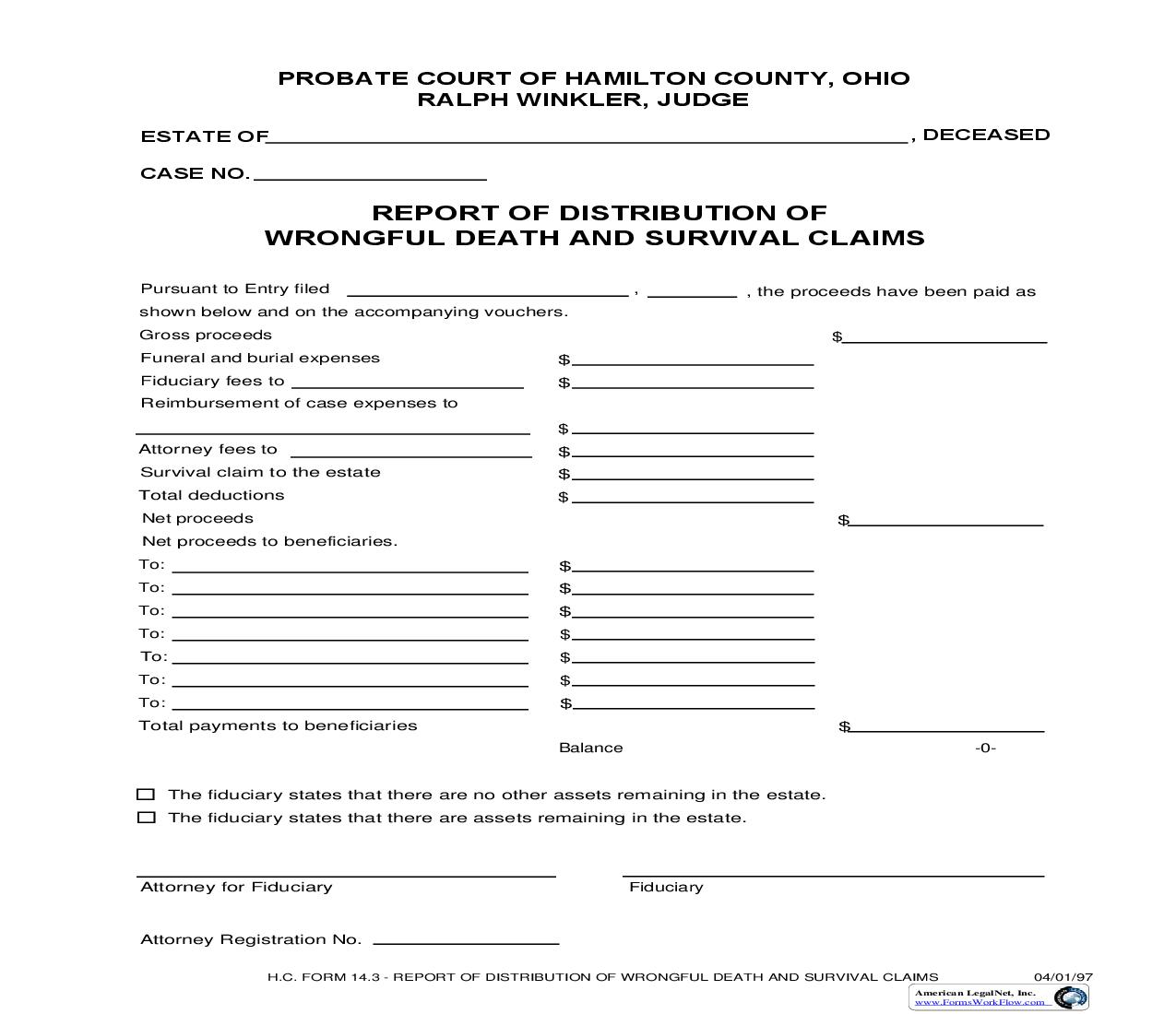 Report Of Distribution Of Wrongful Death And Survival Claims {14.3} | Pdf Fpdf Doc Docx | Ohio