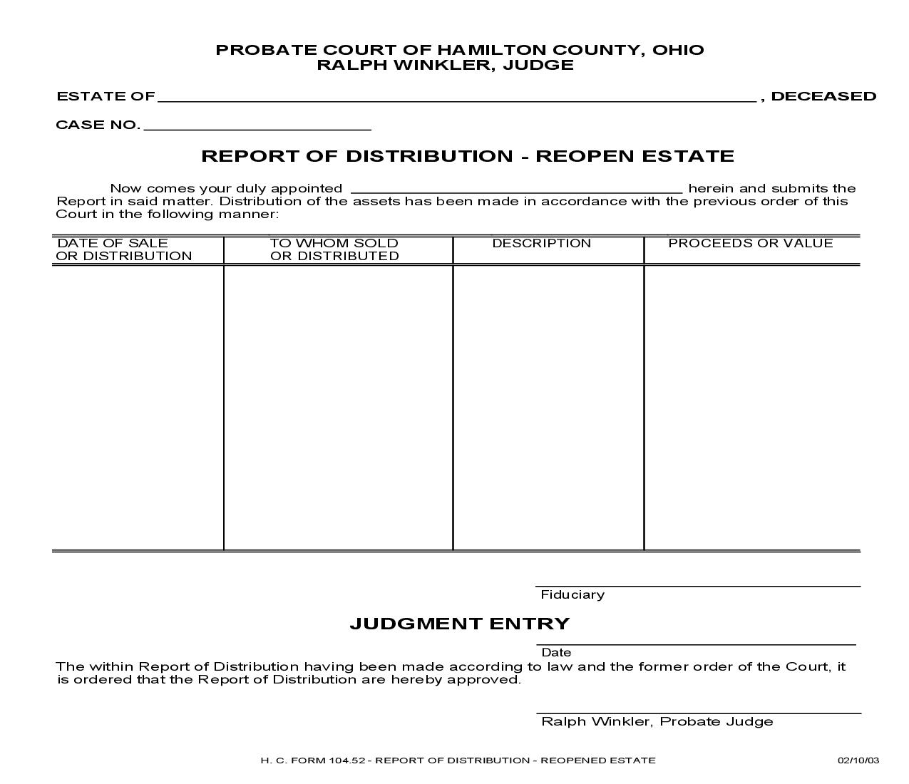 Report Of Distribution Reopen Estate {104.52} | Pdf Fpdf Doc Docx | Ohio