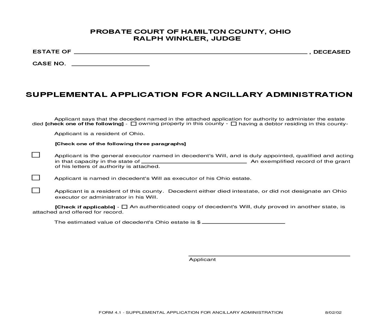 Supplemental Application For Ancillary Administration {4.1} | Pdf Fpdf Doc Docx | Ohio