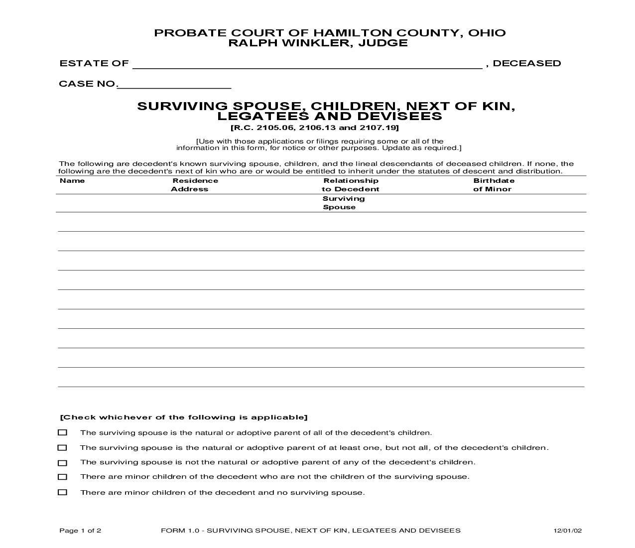 Surviving Spouse Next Of Kin Legatees And Devisees {1.0} | Pdf Fpdf Doc Docx | Ohio