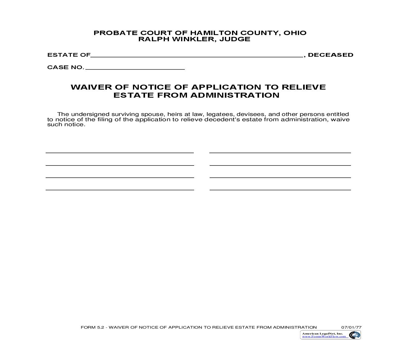 Waiver Of Notice Of Application To Relieve Estate From Administration {5.2} | Pdf Fpdf Doc Docx | Ohio