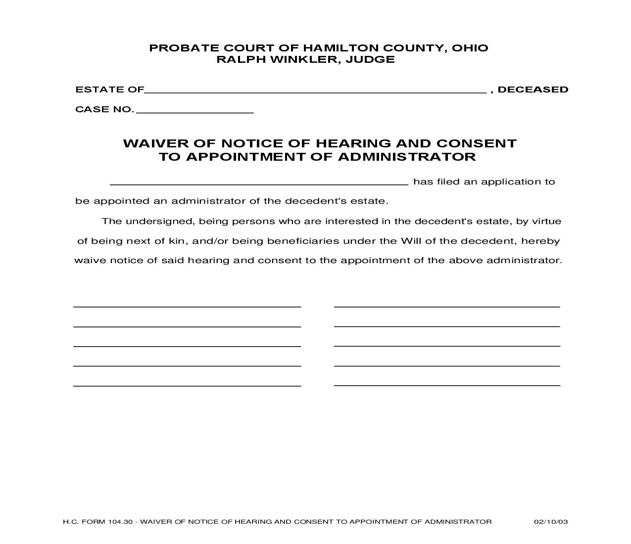 Waiver Of Notice Of Hearing And Consent To Appointment Of Administrator {104.30} | Pdf Fpdf Doc Docx | Ohio