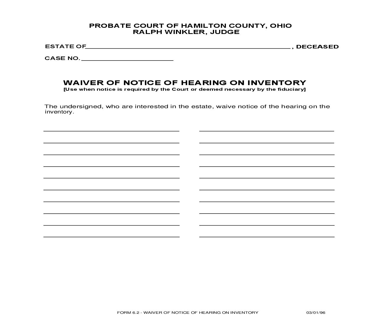 Waiver Of Notice Of Hearing On Inventory {6.2} | Pdf Fpdf Doc Docx | Ohio