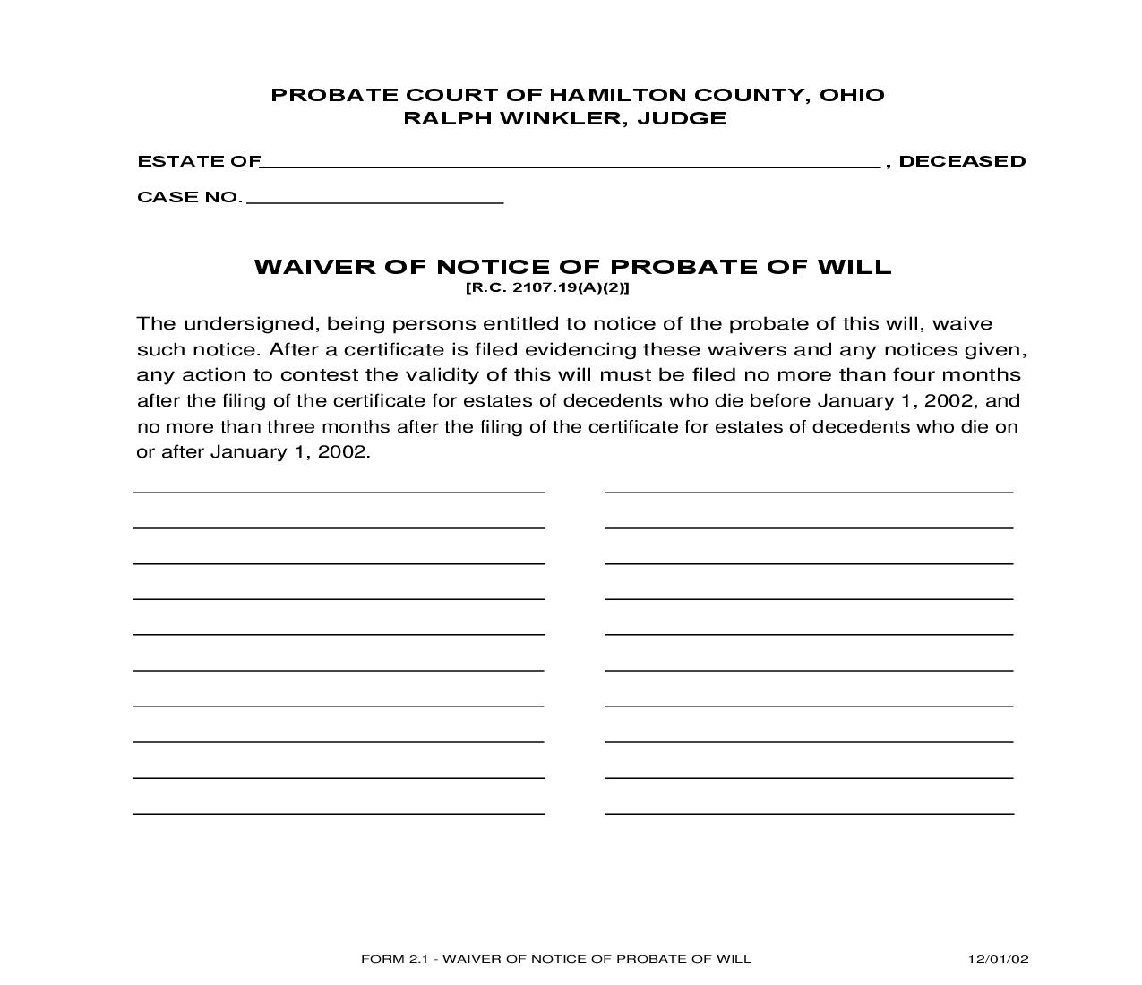 Waiver Of Notice Of Probate Of Will {2.1} | Pdf Fpdf Doc Docx | Ohio