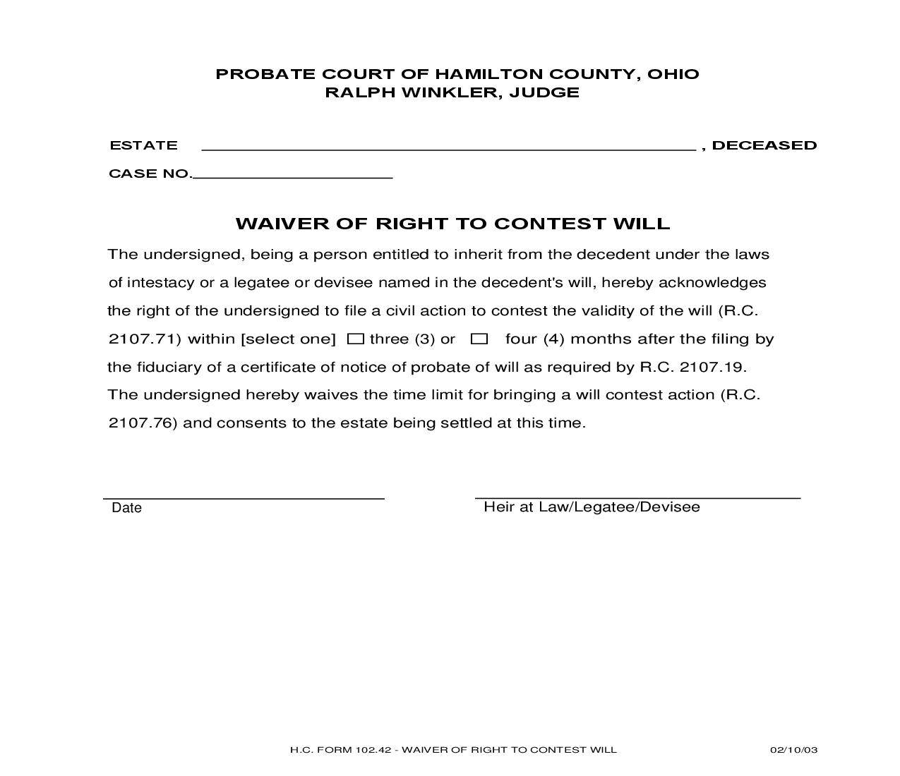 Waiver Of Right To Contest Will {102.42} | Pdf Fpdf Doc Docx | Ohio