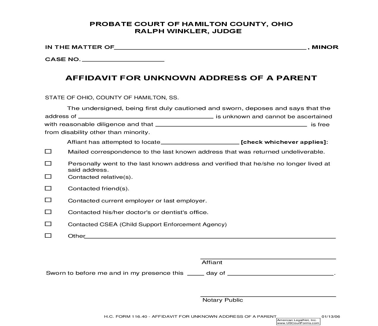 Affidavit For Unknown Address Of A Parent {116.40} | Pdf Fpdf Doc Docx | Ohio