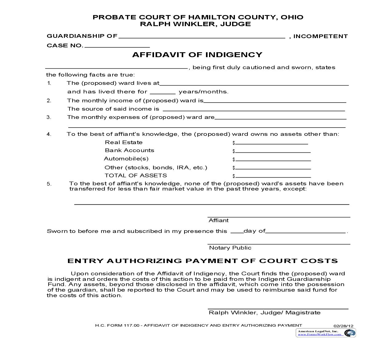 Affidavit Of Indigency And Entry Authorizing Payment Of Court Costs {117.00} | Pdf Fpdf Doc Docx | Ohio