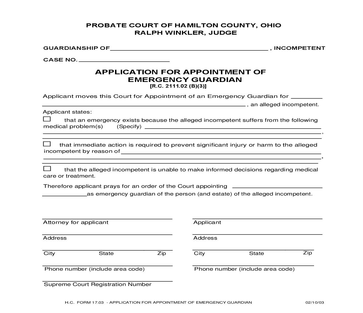 Application For Appointment Of Emergency Guardian {17.03} | Pdf Fpdf Doc Docx | Ohio