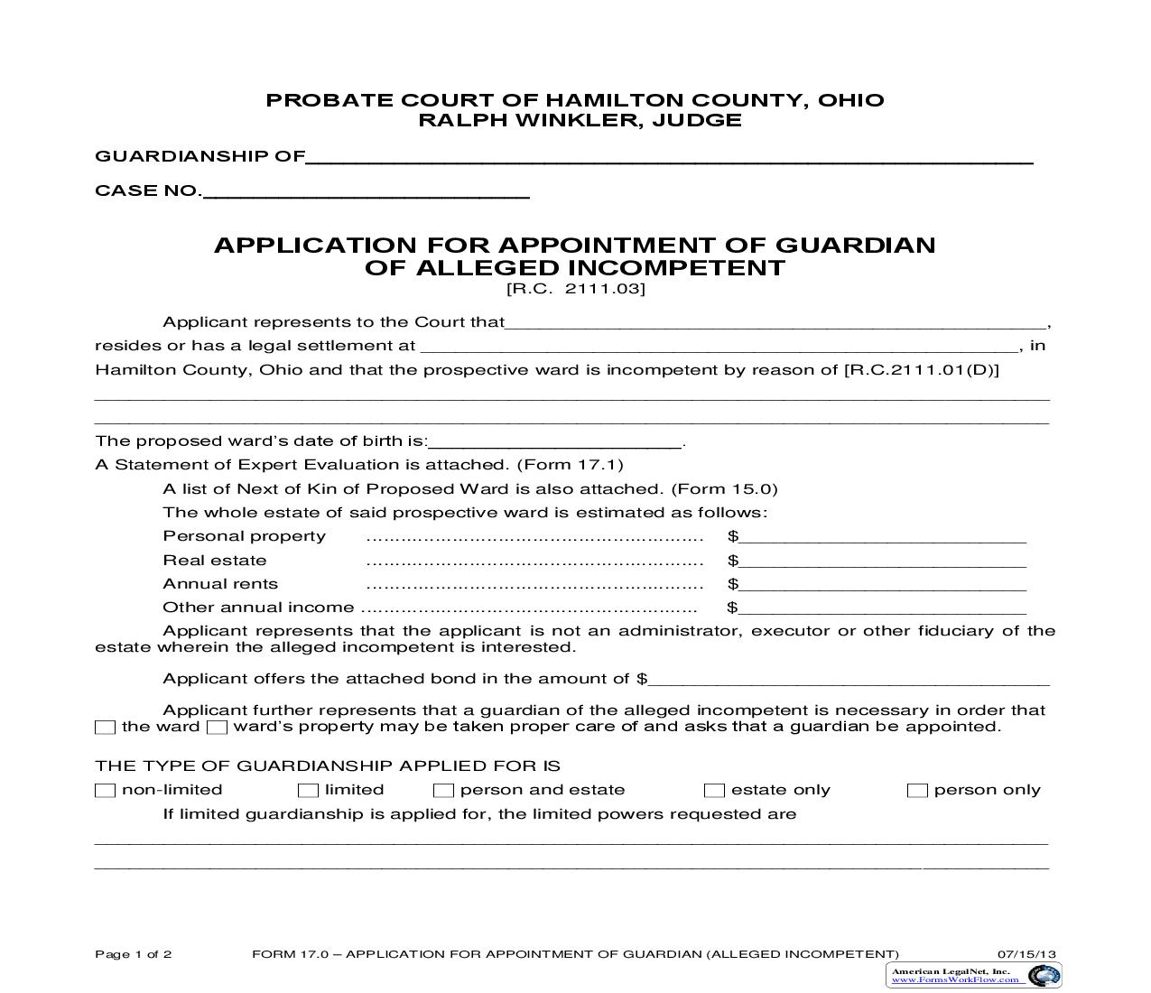 Application For Appointment Of Guardian Of Alleged Incompetent {17.0} | Pdf Fpdf Doc Docx | Ohio