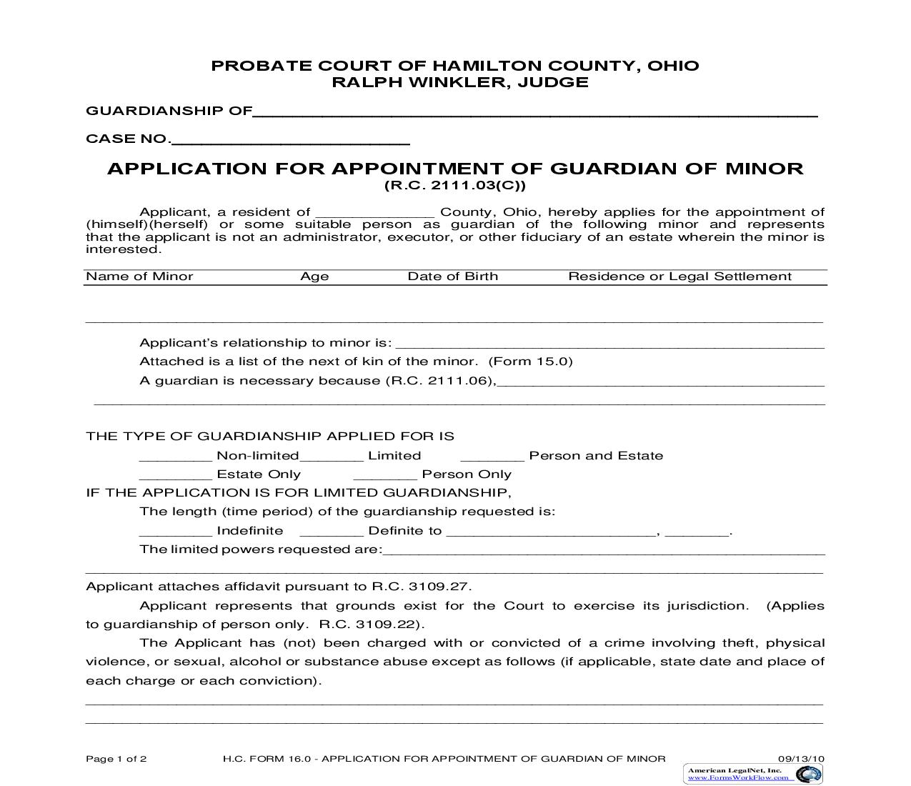 Application For Appointment Of Guardian Of Minor {16.0} | Pdf Fpdf Doc Docx | Ohio