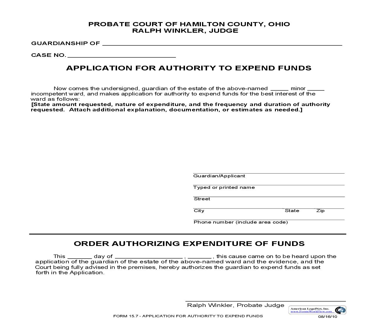 Application For Authority To Expend Funds {15.7} | Pdf Fpdf Doc Docx | Ohio