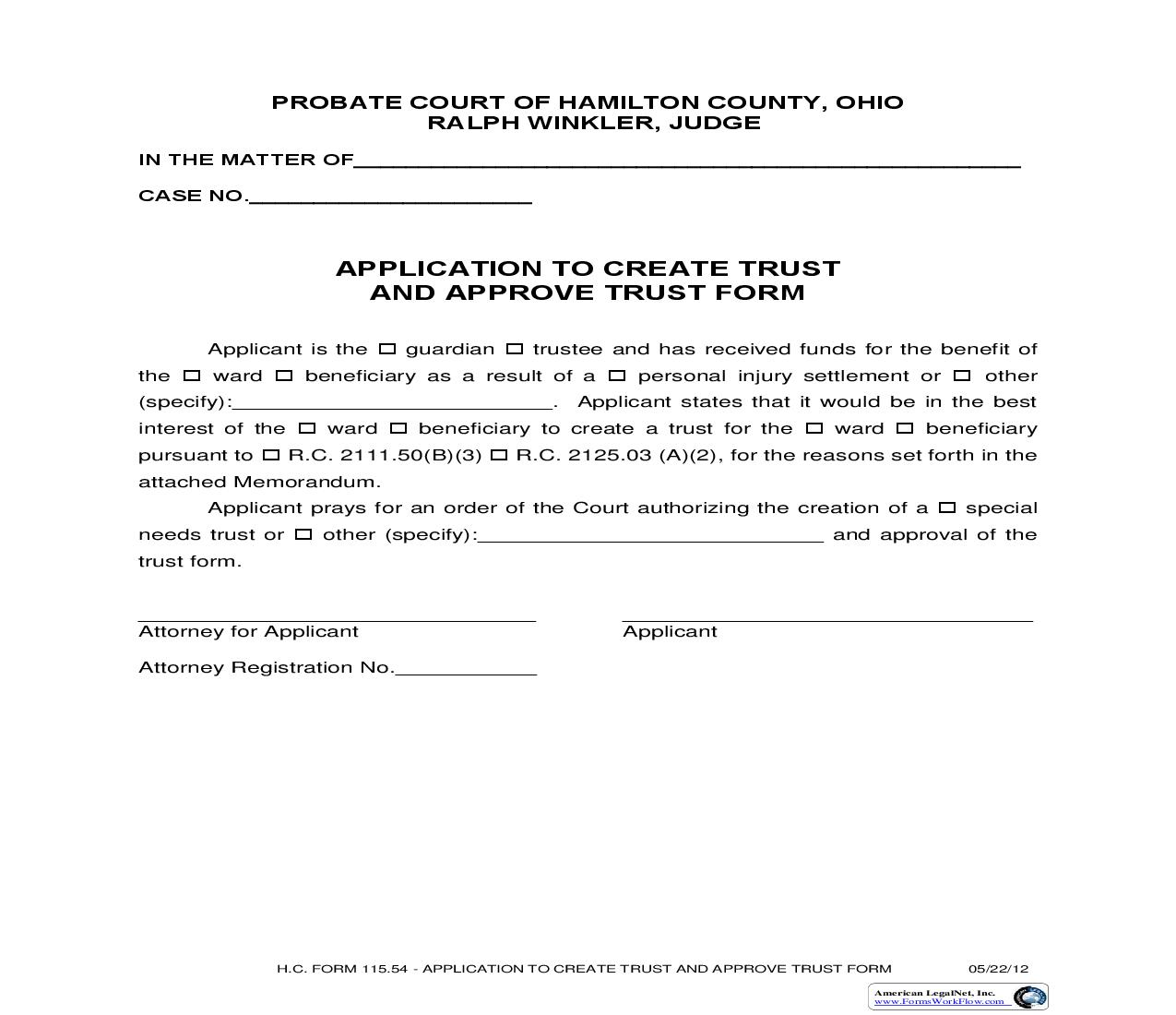 Application To Create Trust And Approve Trust Form {115.54} | Pdf Fpdf Doc Docx | Ohio