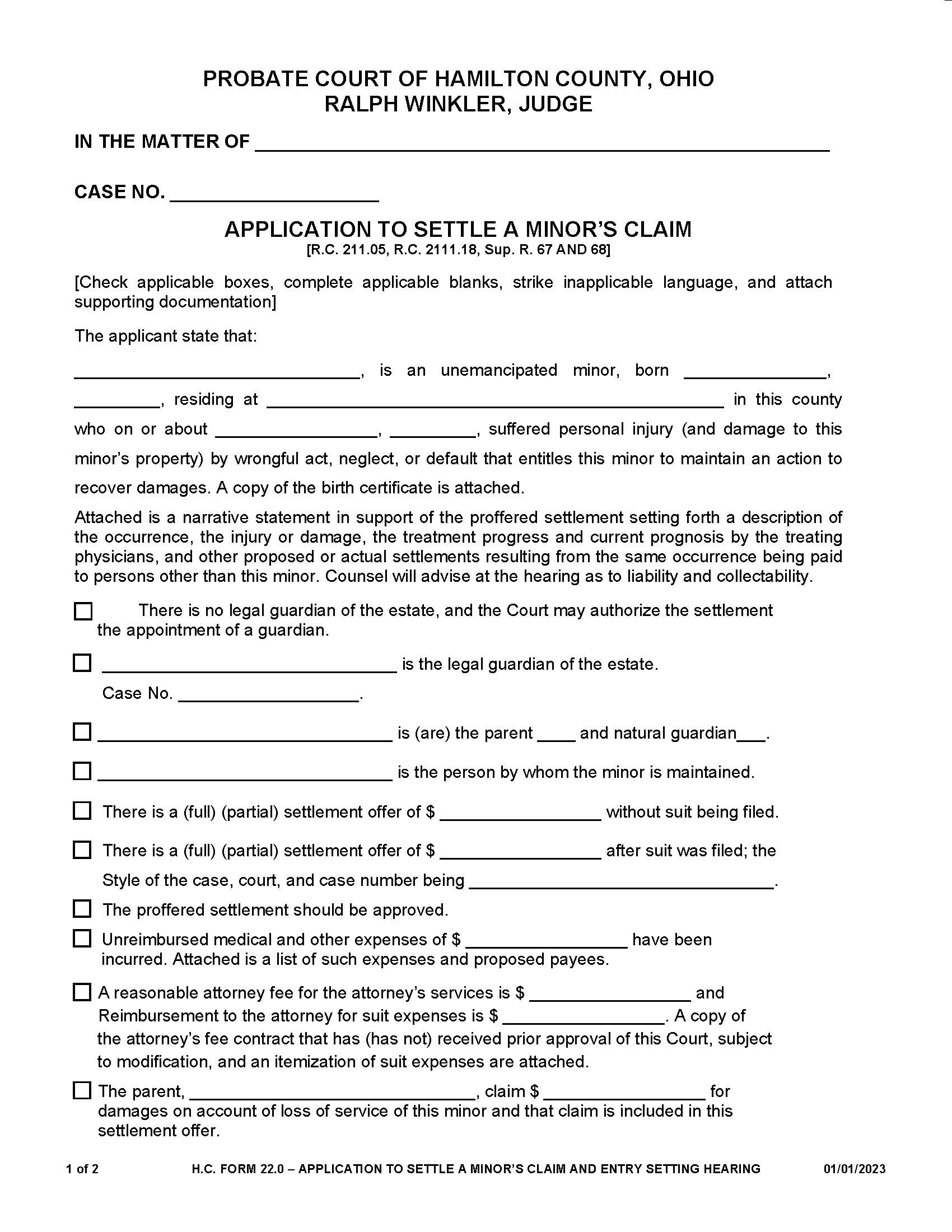 Application To Settle A Minors Claim {22.0} | Pdf Fpdf Doc Docx | Ohio