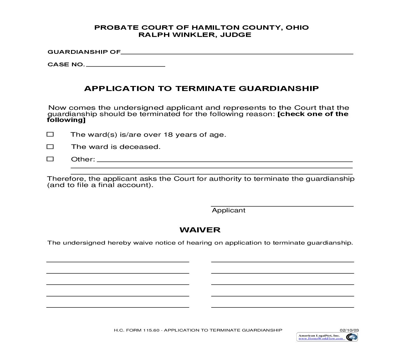 Application To Terminate Guardianship {115.60} | Pdf Fpdf Doc Docx | Ohio