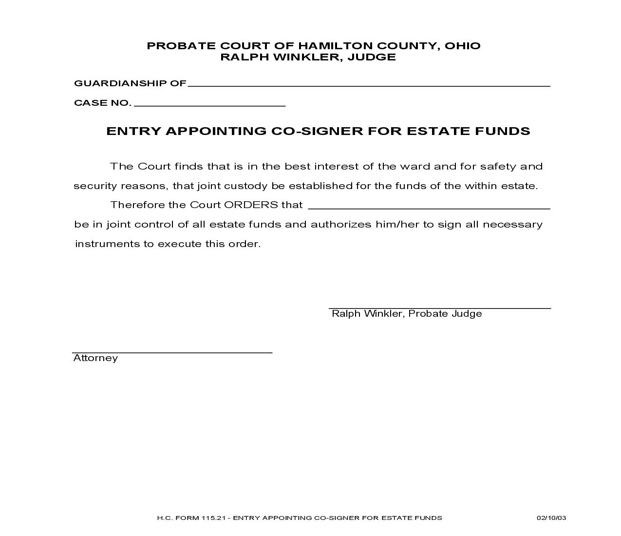 Entry Appointing Cosigner For Estate Funds {115.21} | Pdf Fpdf Doc Docx | Ohio