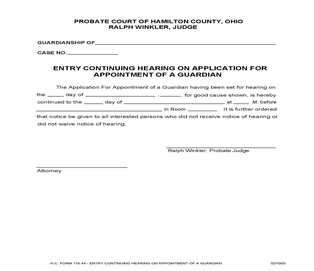 Entry Continuing Hearing On Application For Appointment Of A Guardian {115.44} | Pdf Fpdf Doc Docx | Ohio