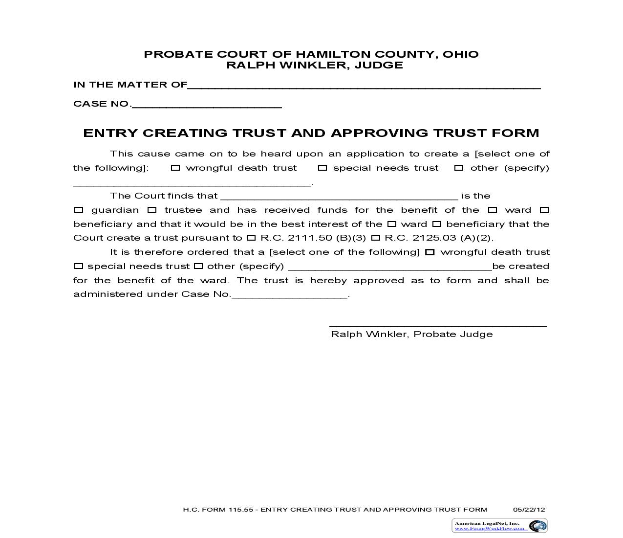 Entry Creating Trust And Approving Trust Form {115.55} | Pdf Fpdf Doc Docx | Ohio
