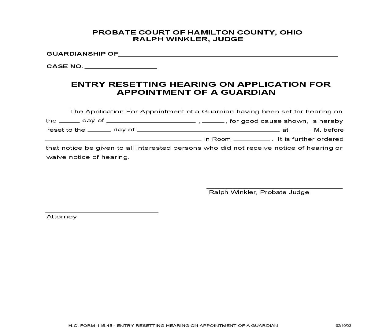 Entry Resetting Hearing On Application For Appointment Of A Guardian {115.45} | Pdf Fpdf Doc Docx | Ohio