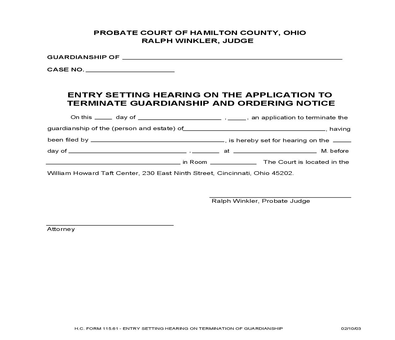 Entry Setting Hearing On The Application To Terminate Guardianship And Ordering Notice {115.61} | Pdf Fpdf Doc Docx | Ohio
