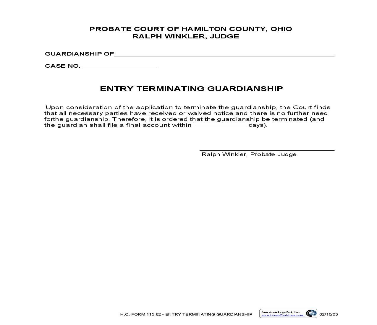 Entry Terminating Guardianship {115.62} | Pdf Fpdf Doc Docx | Ohio