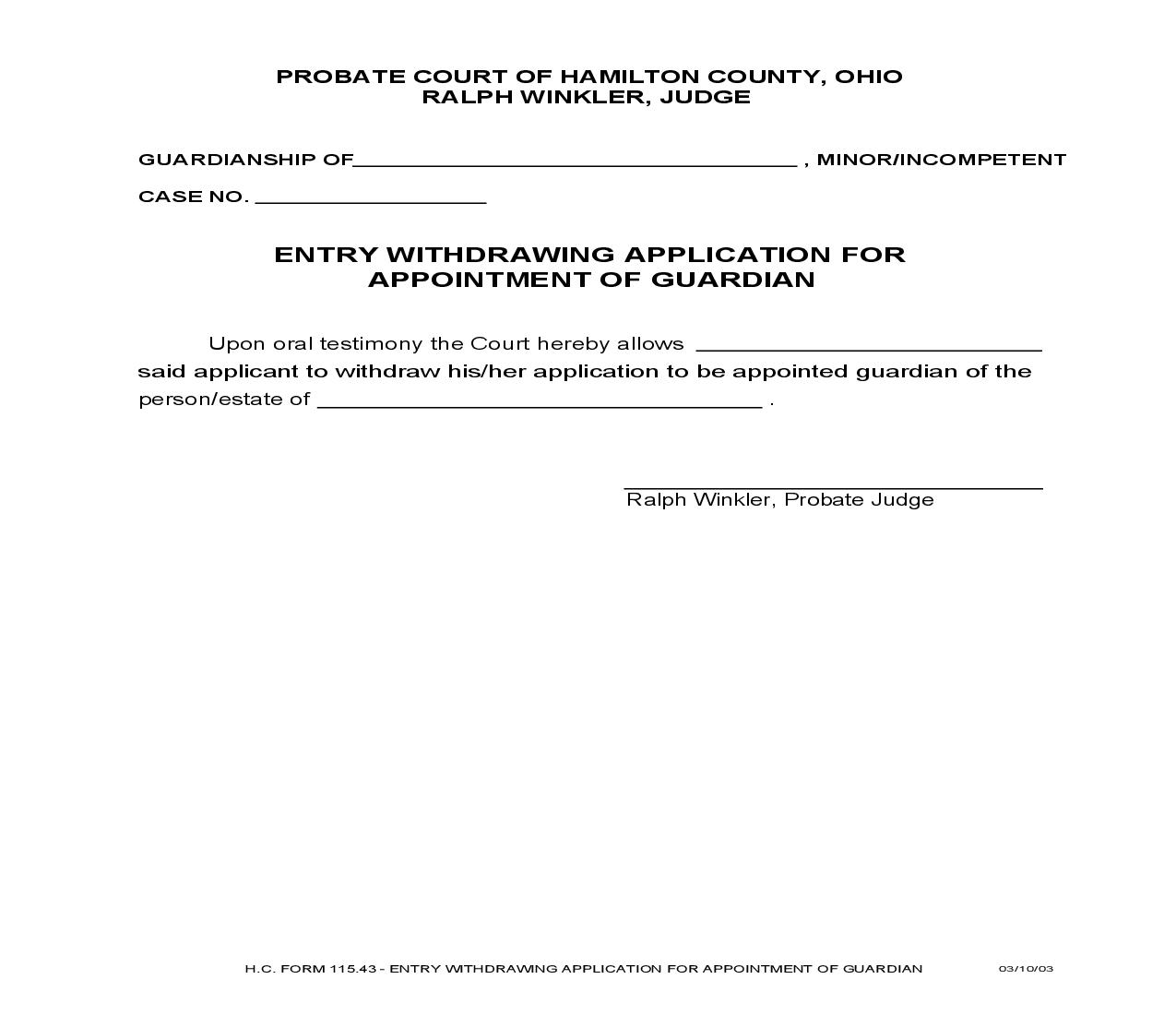 Entry Withdrawing Application For Appointment Of Guardian {115.43} | Pdf Fpdf Doc Docx | Ohio