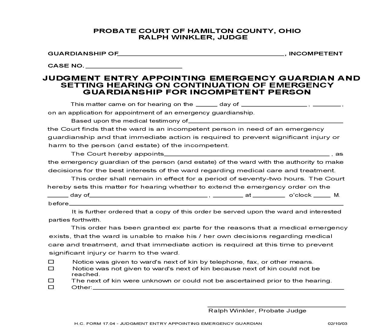 Judgment Entry Appointing Emergency Guardian And Setting Hearing Incompetent Person {17.04} | Pdf Fpdf Doc Docx | Ohio