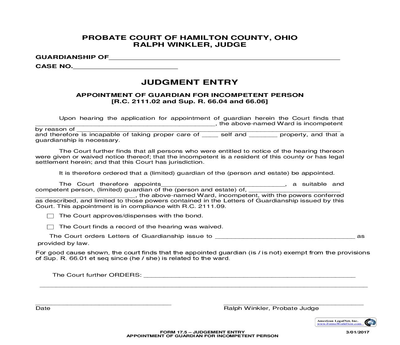 Judgment Entry Appointment Of Guardian For Incompetent Person {17.5} | Pdf Fpdf Doc Docx | Ohio