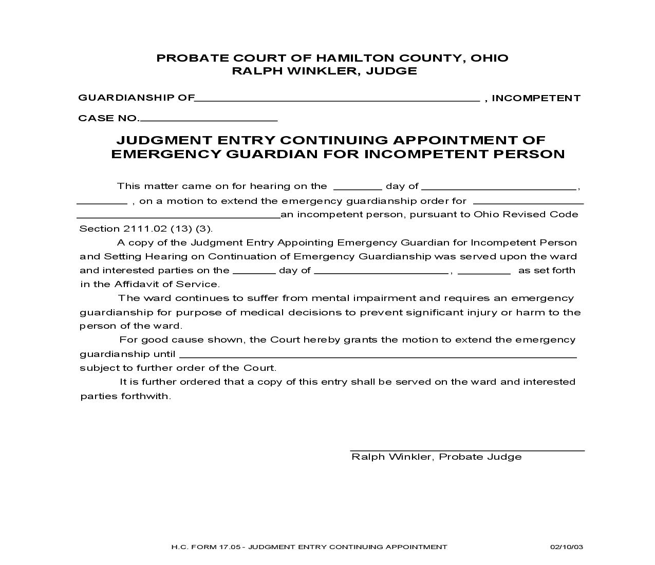 Judgment Entry Continuing Appointment Of Emergency Guardian For Incompetent Person {17.05} | Pdf Fpdf Doc Docx | Ohio