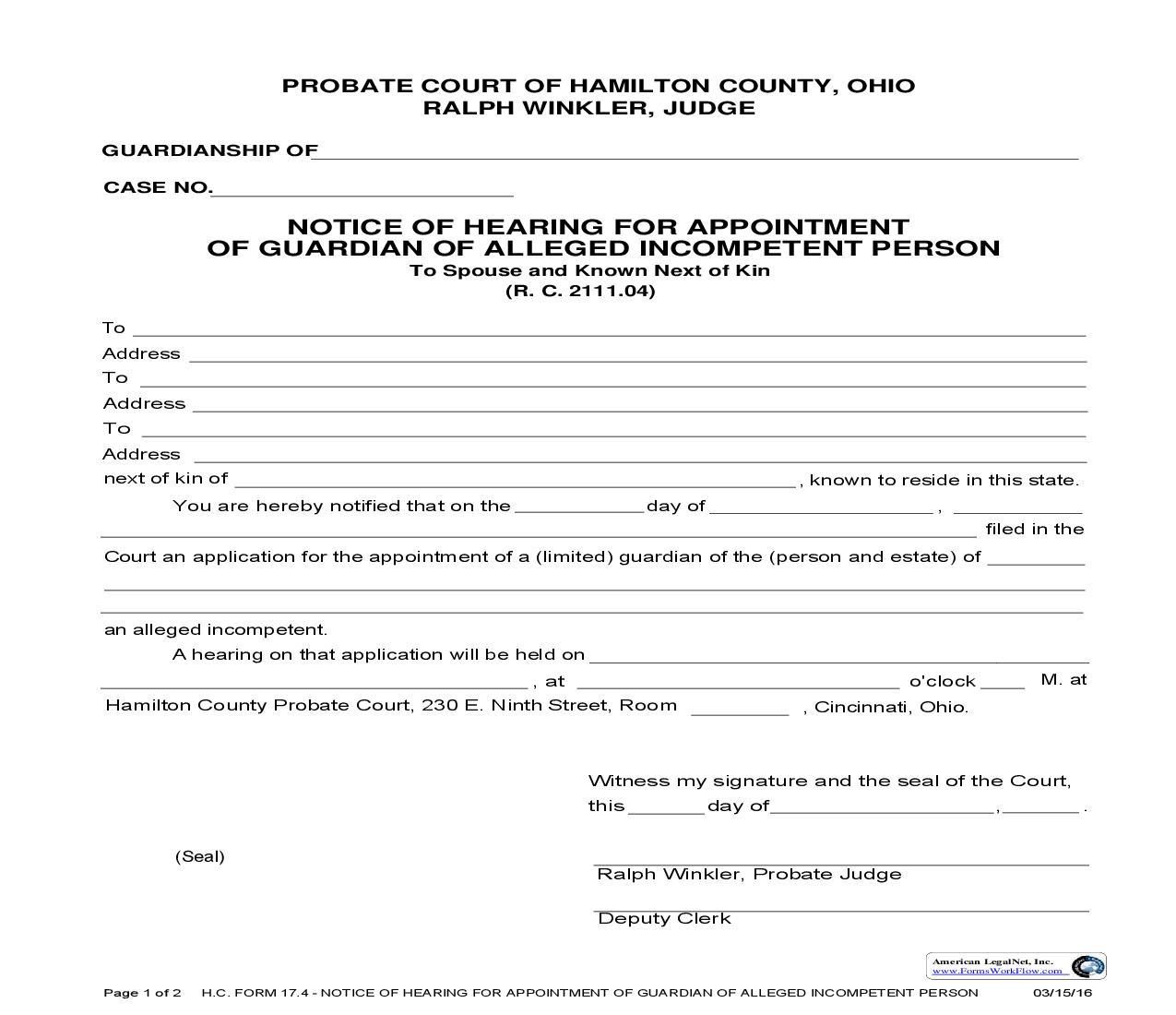 Notice Of Hearing For Appointment Of Guardian Of Alleged Incompetent Person {17.4} | Pdf Fpdf Doc Docx | Ohio