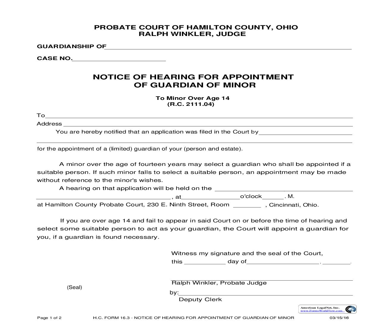 Notice Of Hearing For Appointment Of Guardian Of Minor {16.3} | Pdf Fpdf Doc Docx | Ohio