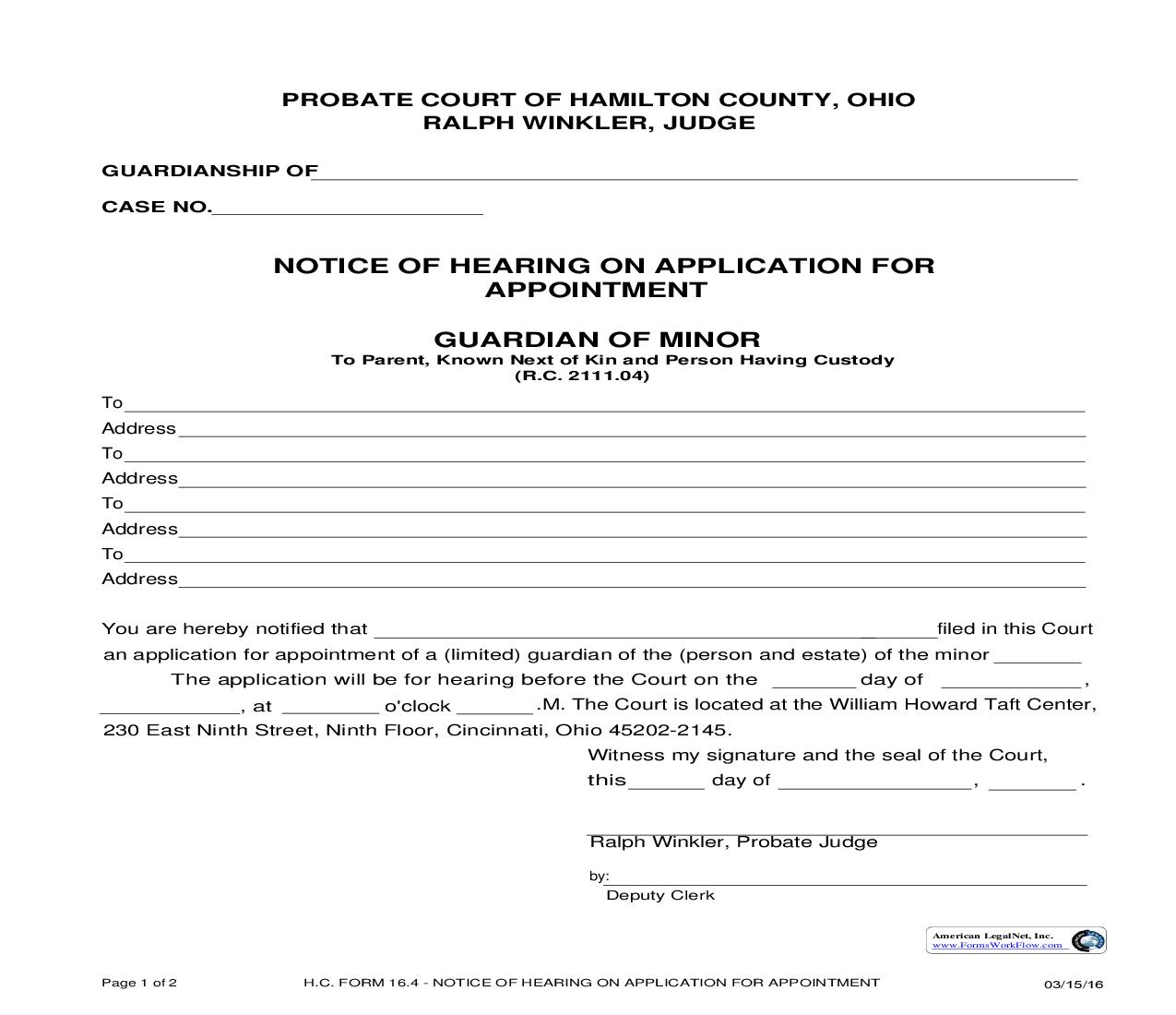 Notice Of Hearing On Application For Appointment Guardian Of Minor {16.4} | Pdf Fpdf Doc Docx | Ohio