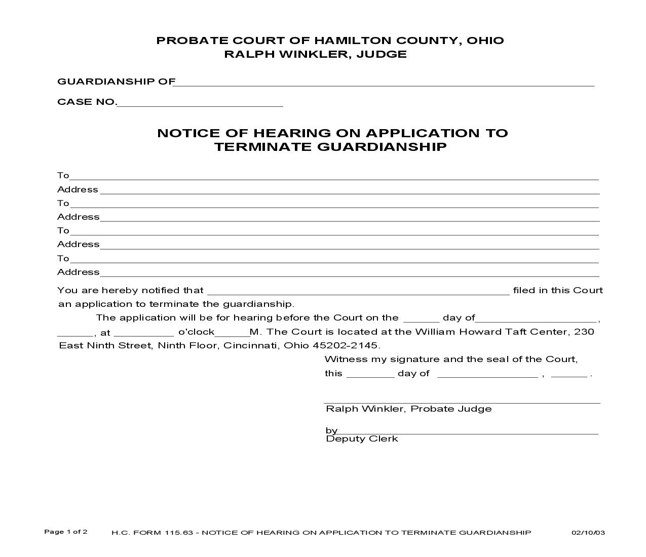 Notice Of Hearing On Application To Terminate Guardianship {115.63} | Pdf Fpdf Doc Docx | Ohio