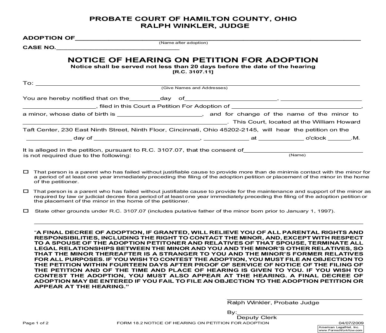Notice Of Hearing On Petition For Adoption {18.2} | Pdf Fpdf Doc Docx | Ohio