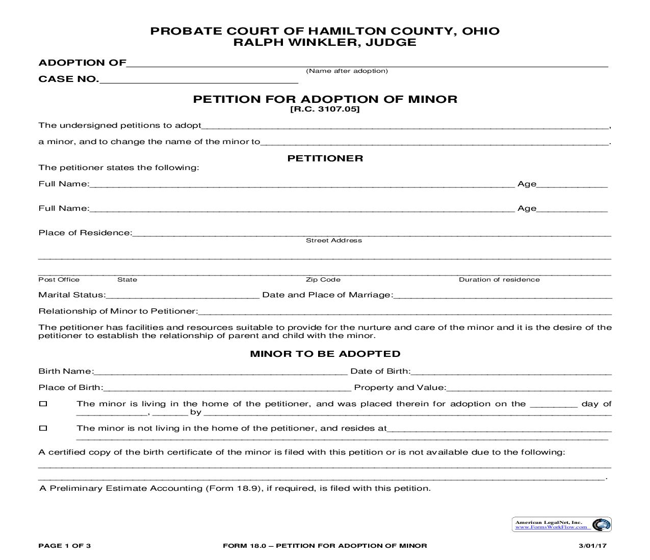 Petition For Adoption Of Minor {18.0} | Pdf Fpdf Doc Docx | Ohio