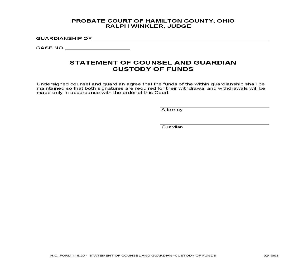 Statement Of Counsel And Guardian Custody Of Funds {115.20} | Pdf Fpdf Doc Docx | Ohio
