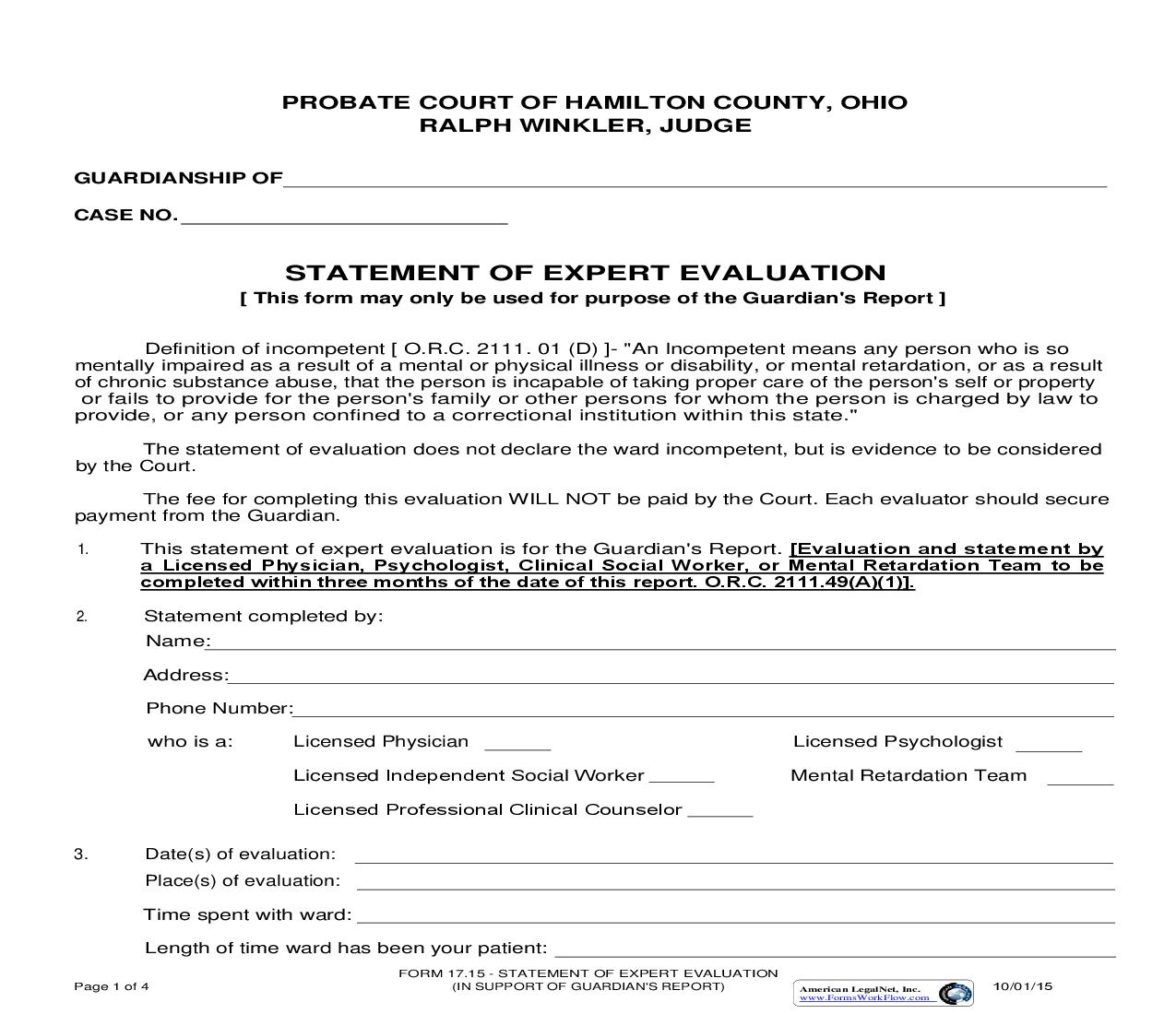 Statement Of Expert Evaluation With Guardians Report {17.15} | Pdf Fpdf Doc Docx | Ohio